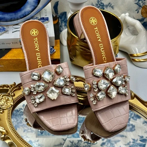 🆕 TORY BURCH 🧿 NWOT Martine 25mm Slides, Pink Croc Embossed Crystal, Sz 7 - Picture 10 of 16